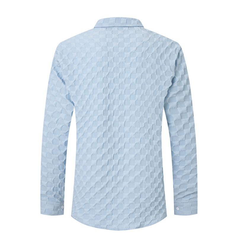 Mens Plaid Jacquard Turn Down Collar Long Sleeve Loose Casual Shirt With Chest Pocket