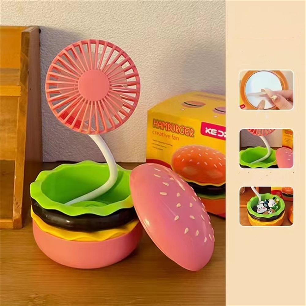 Rechargeable Hamburger Mini Fan, Creative Cute Toy Fan with Mirror, 3-Speed Mode, Small Gift for Family and Friends in Summer.