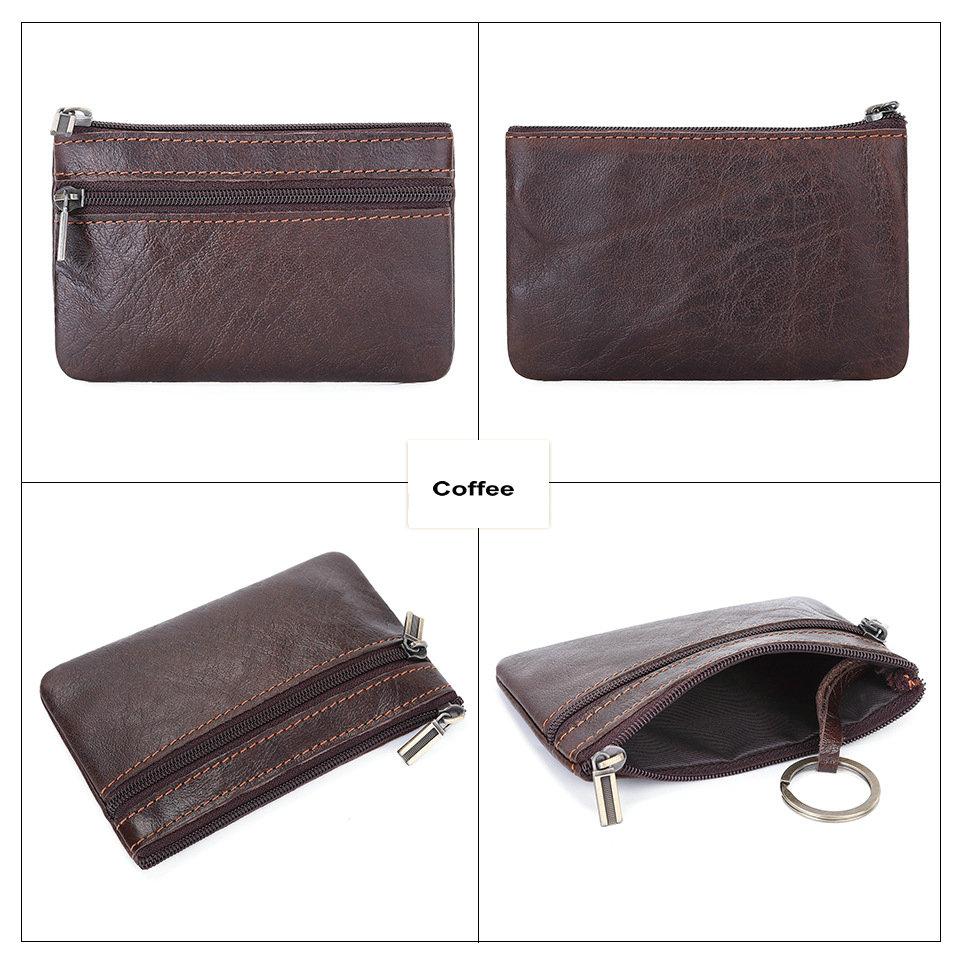 Retro Genuine Leather Coin Purse with Keychain for Men & Women Cowhide  Zipper Coin Wallet Vintage Key Holder