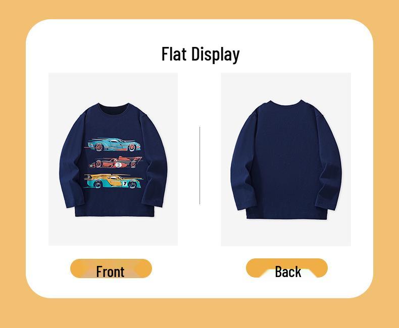 25 Podzimní chlapecké tričko s dlouhým rukávem s potiskem kresleného auta a kulatým výstřihem