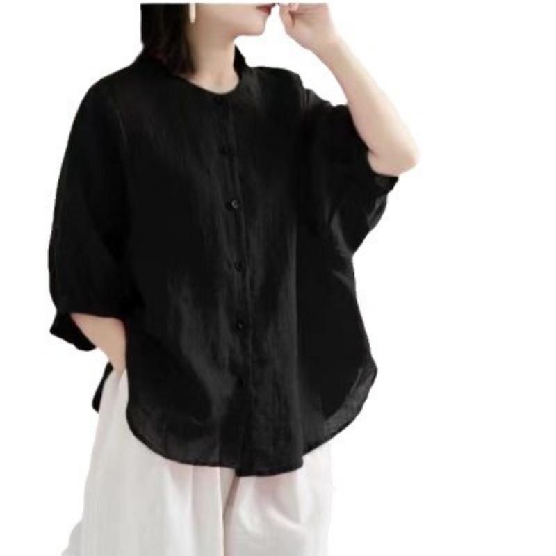 Women's Summer Red Linen Blend Button Down Lantern Sleeve Blouse