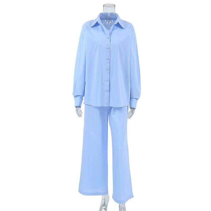 

Fashion Wind Autumn Cotton Linen Long Sleeve Blouse Pants Loose Casual Two-Piece Suit Shirt and Pants Set Blue M