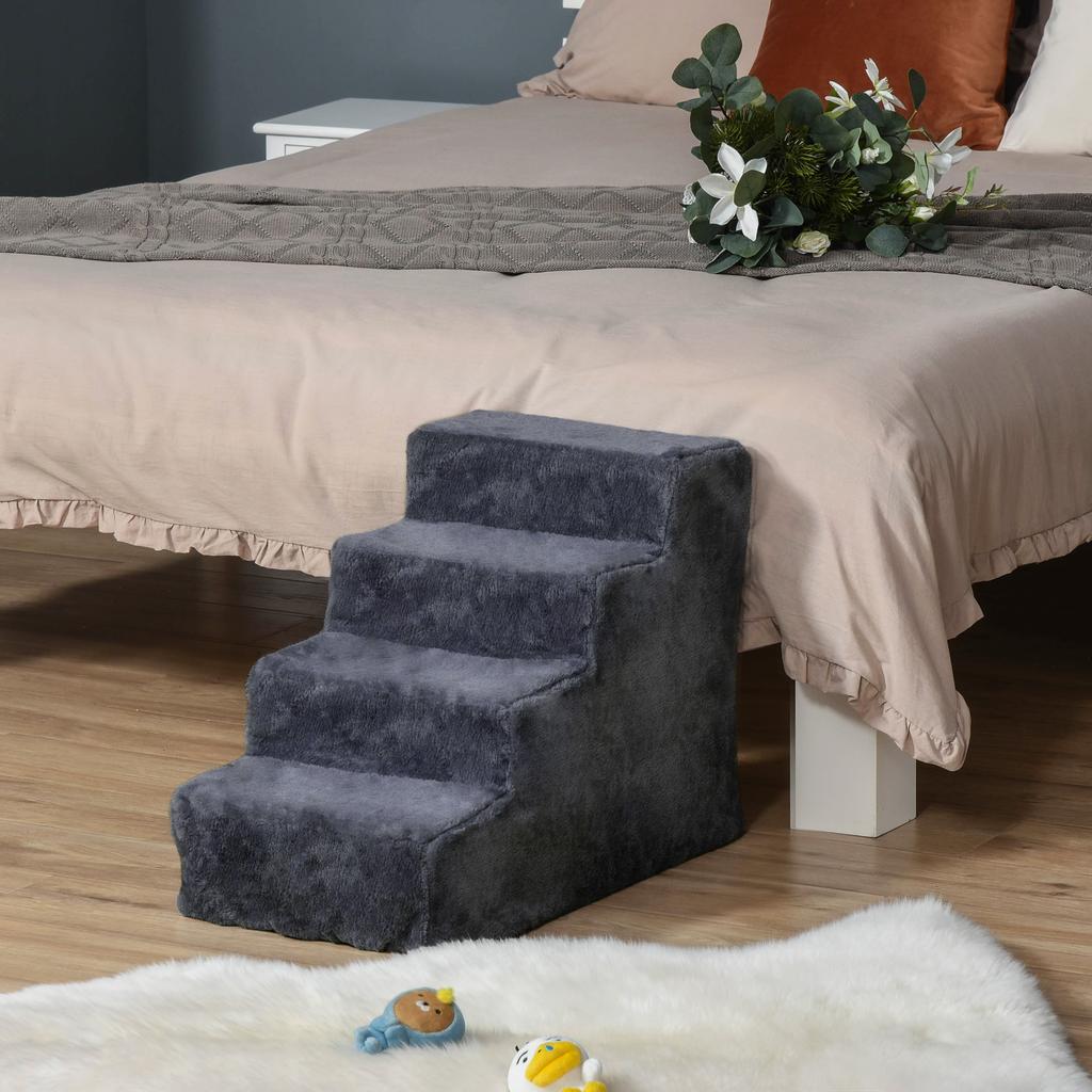 Portable 4-Step Dog Ladder, Removable Velvet Fabric and Wood, 60x35x44 cm, Dark Grey