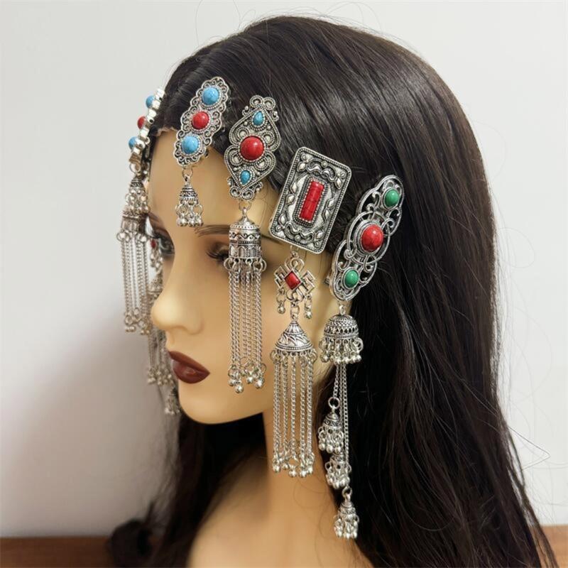 Handmade Mongolian Styles Alloy Tassels Hair Clip Ornament with Vintage Rhinestones Designs for Women Seek Unique Charm