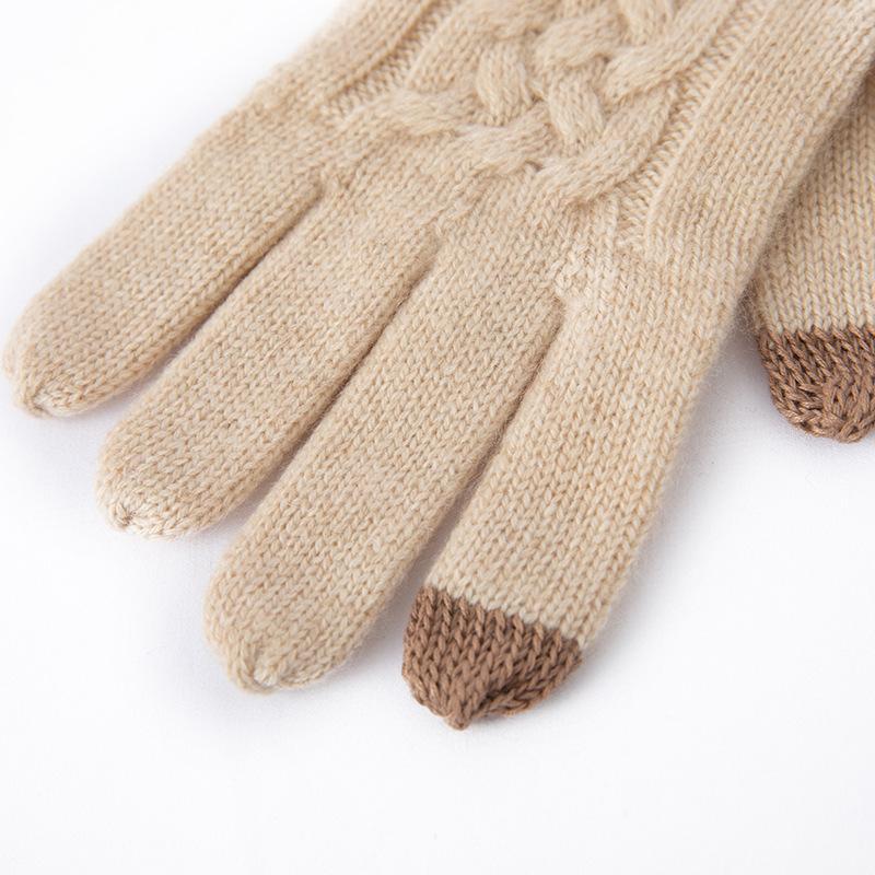 Touch Screen Gloves Cashmere Autumn and Winter New Men's and Women's Twist Pattern Warm Cycling Windproof Knitted Five Finger Extension