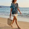 Women Short Sleeve Henley Button Neck Shirt Linen Cotton Blend Casual Chest Pocket Printed Top