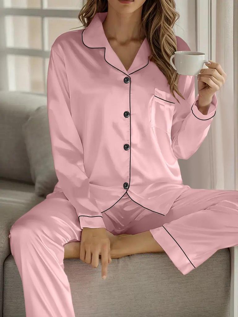 Women’s Satin Pajama Set - Solid Color, Long Sleeve Cardigan with Lapel, Long Pants, Versatile Home Wear for Autumn and Winter.
