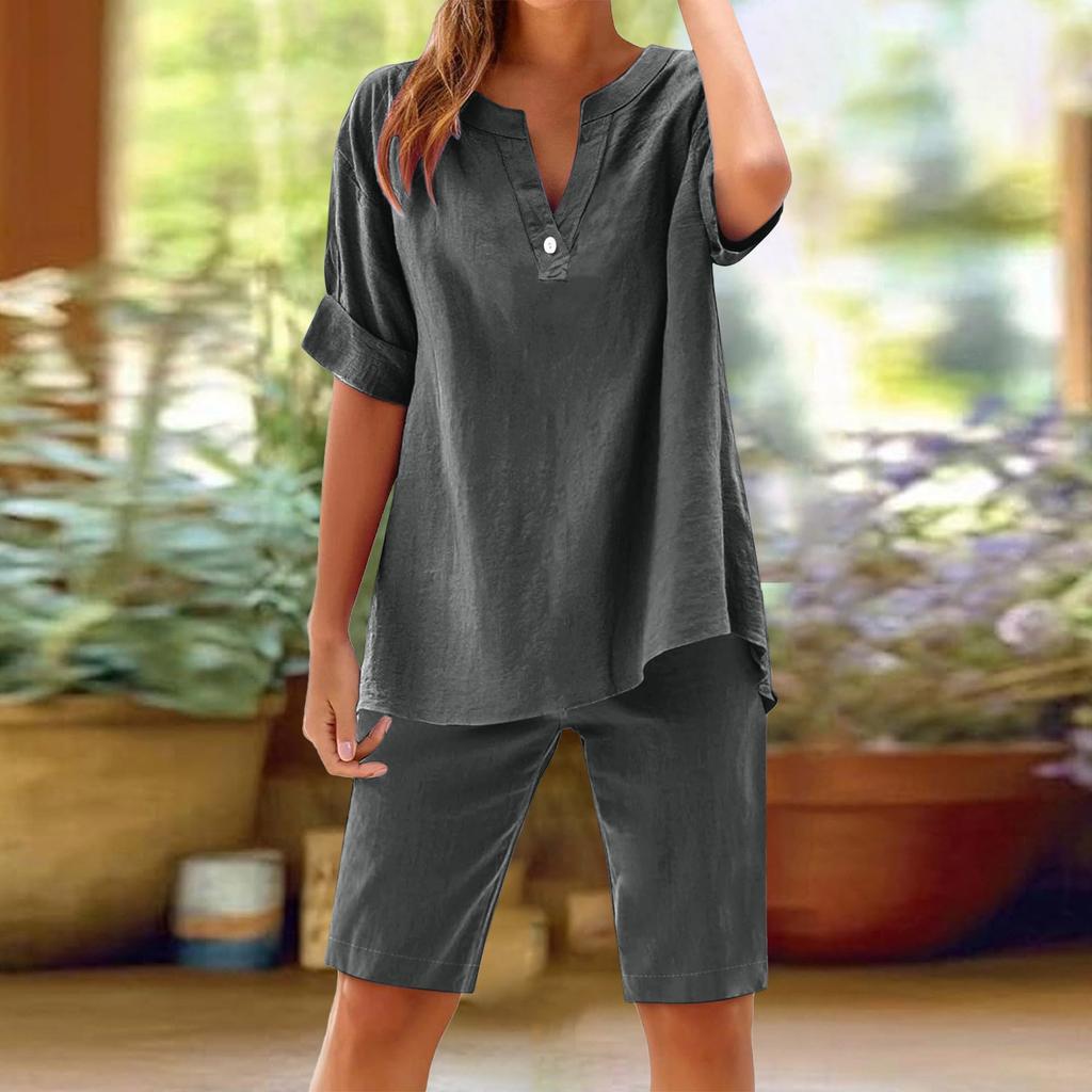 Women's Casual Fashion Sexy  Short Sleeve Pullover Shirt Round Neck Literary Retro Solid Color Casual Split Suit