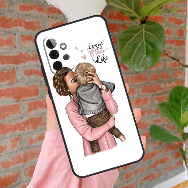 Black Brown Hair Baby Mom Girl Queen Phone Case For Samsung Galaxy A54 A34 A14 A55 A35 A25 A15 A52 A32 A12 A51 A71 A13 A33 A53 Samsung A35