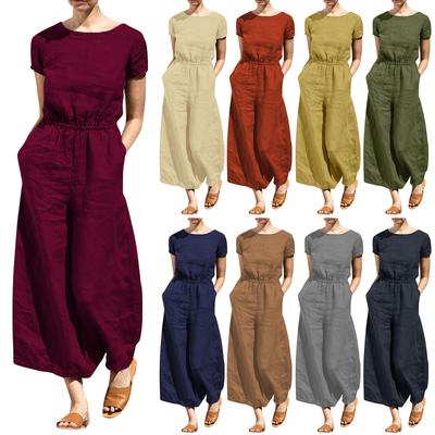 Women's Fashion Loose Casual Solid Color  Linen Short Sleeve Temperament Wide-leg Long Jumpsuit Linen Pants For Women Belt Included