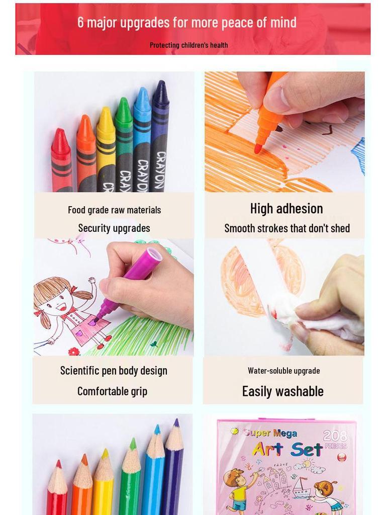 208-elementowy zestaw markerów akwarelowych i artystyczny dla studentów i dzieci - Zawiera kredki kolorowe, pędzle i narzędzia do rysowania w pudełku prezentowym