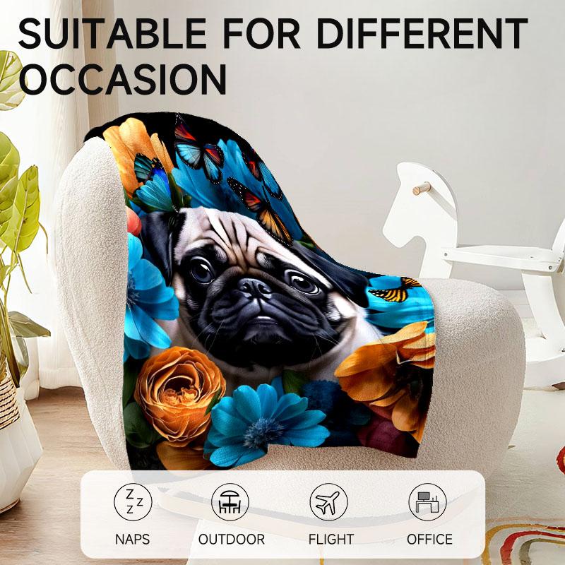 Pug-themed Fleece Blanket, Perfect for Sofa, Bed, Office; Ideal Gift for Family, Friends, Holidays.