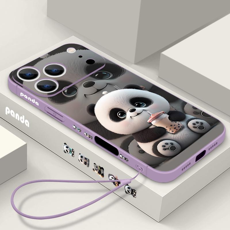 Milk Tea-drinking Panda Lanyard Case For iPhone 17 Pro Max Soft Silicone Cover For iPhone 16 Pro Max Funda iPhone 15 14 13 12 11 16E Air