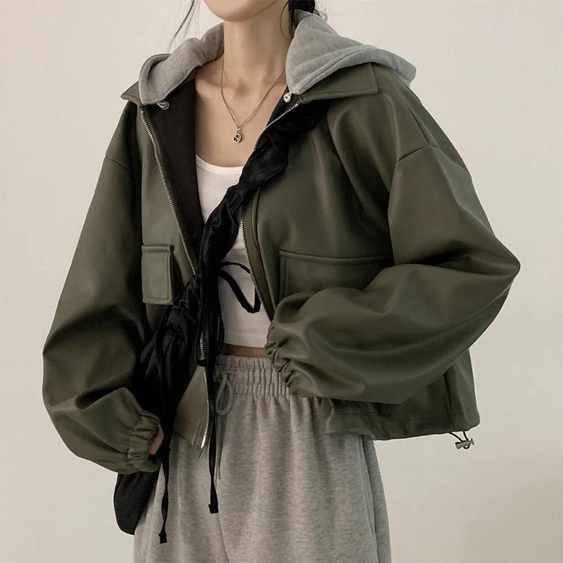 Chaqueta corta elegante vintage de otoño para mujer, estilo retro de calle, de cuero, de manga larga, con cremallera y capucha, estilo de abrigo