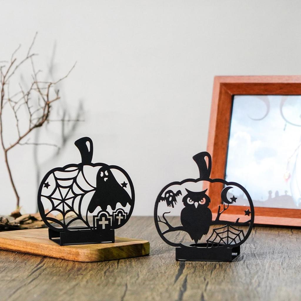 Black Halloween Candle Holders Creepy Hollow Out Silhouette Candle Holder Halloween Table Decoration Metal Pumpkin Shape