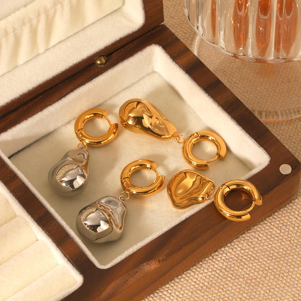 18K Gold Stainless Steel Plain Hoop Earrings, Ins Style Niche Design, Premium Steel Bead Baroque Pendant Earrings