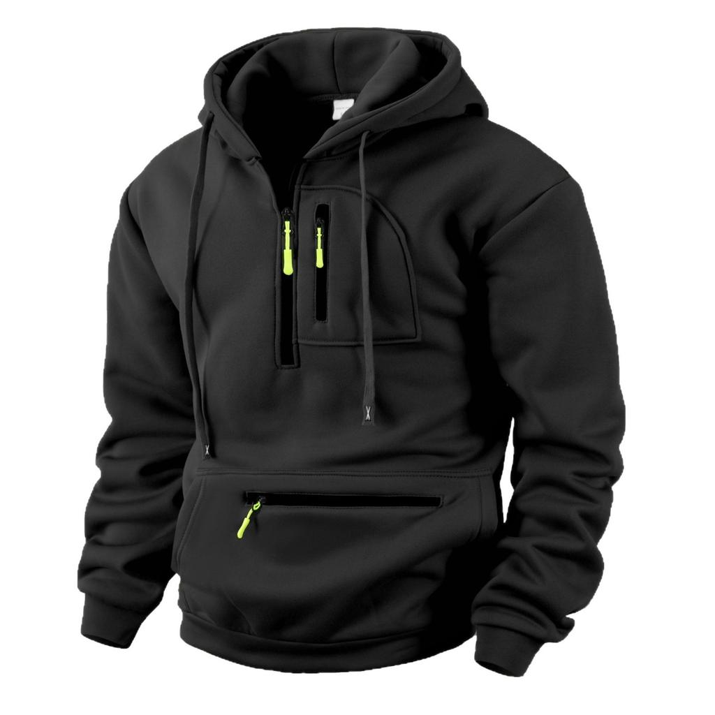 Men's Hooded Sporty Casual Solid-color Sweatshirt, Men's Multi-pocket Workwear Semi-zippered Loose Fleece Pullover Jacket