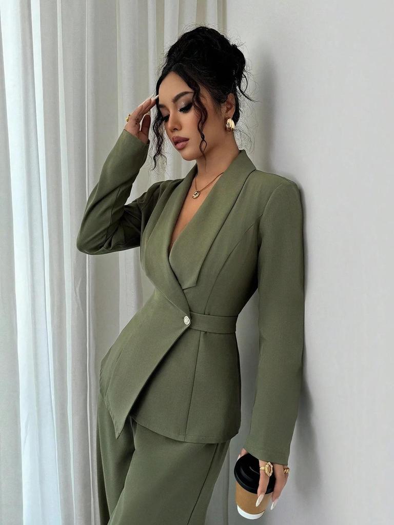 Women's European & American Spring/Autumn Fashion V-Neck Long Suit with Wide-Leg Pants Set