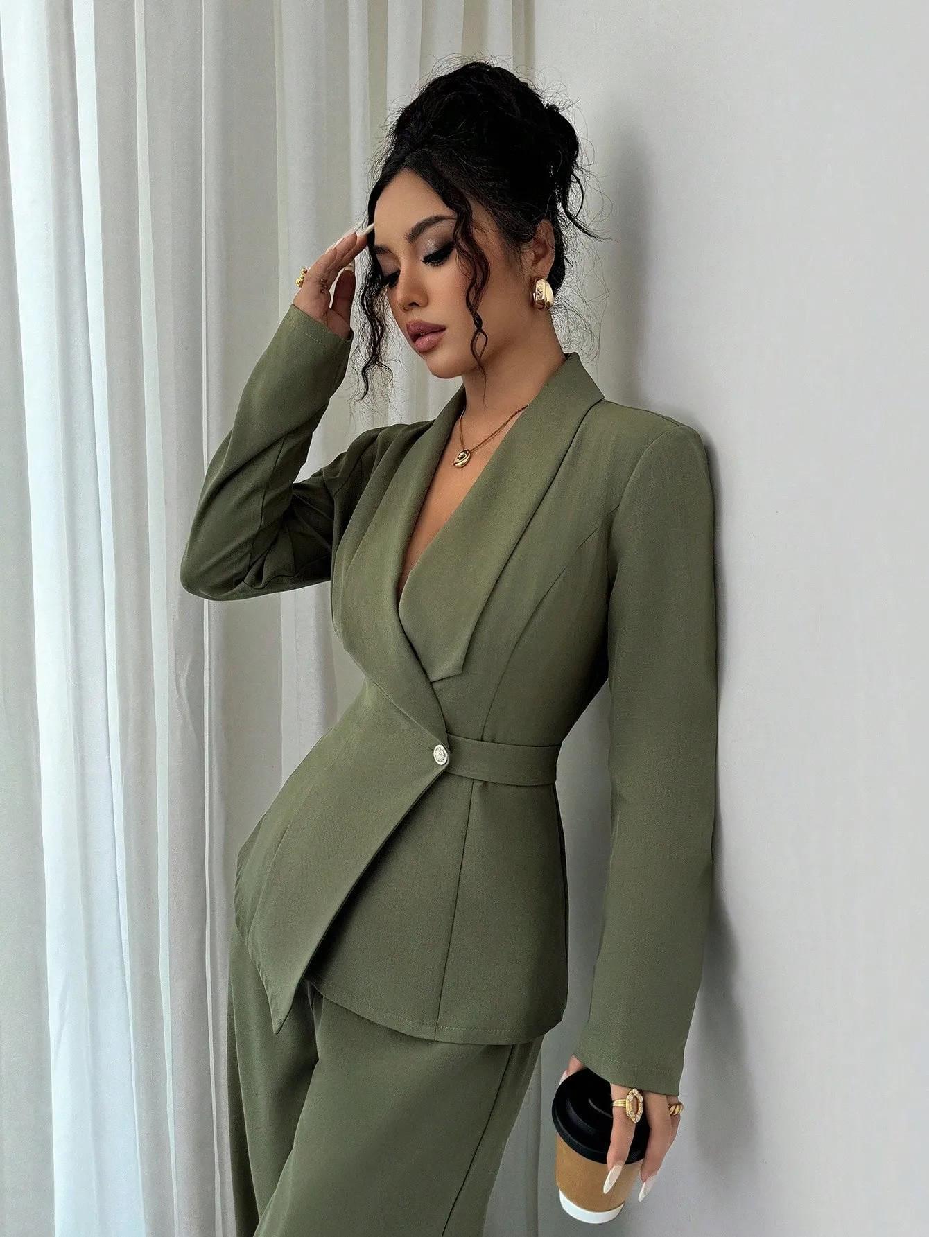 Damen Mode Frühling & Herbst V-Ausschnitt Langer Blazer & Weite Hosen Zweiteiliges Set XXL olivgrüne