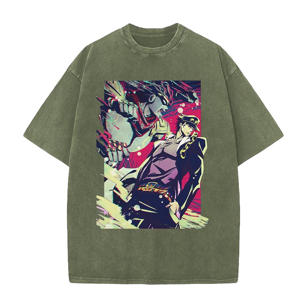 JoJo's Bizarre Adventure Jotaro Kujo Graphic T Shirt Men Women Washed Cotton Tshirts Vintage Casual Clothing Anime Streetwear