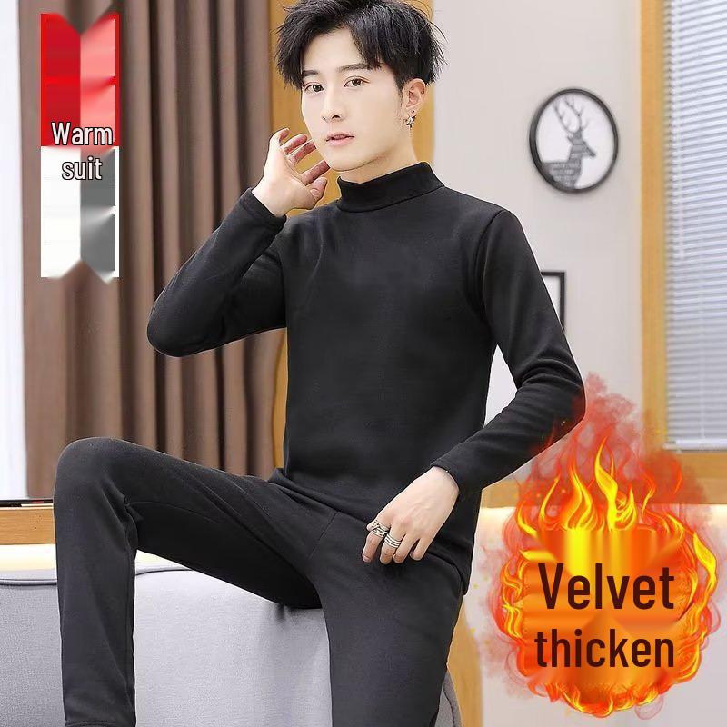 Men's Autumn/Winter Warm Fleece Pajama Set - Half-High Collar, Solid Color, Middle-Aged & Elderly