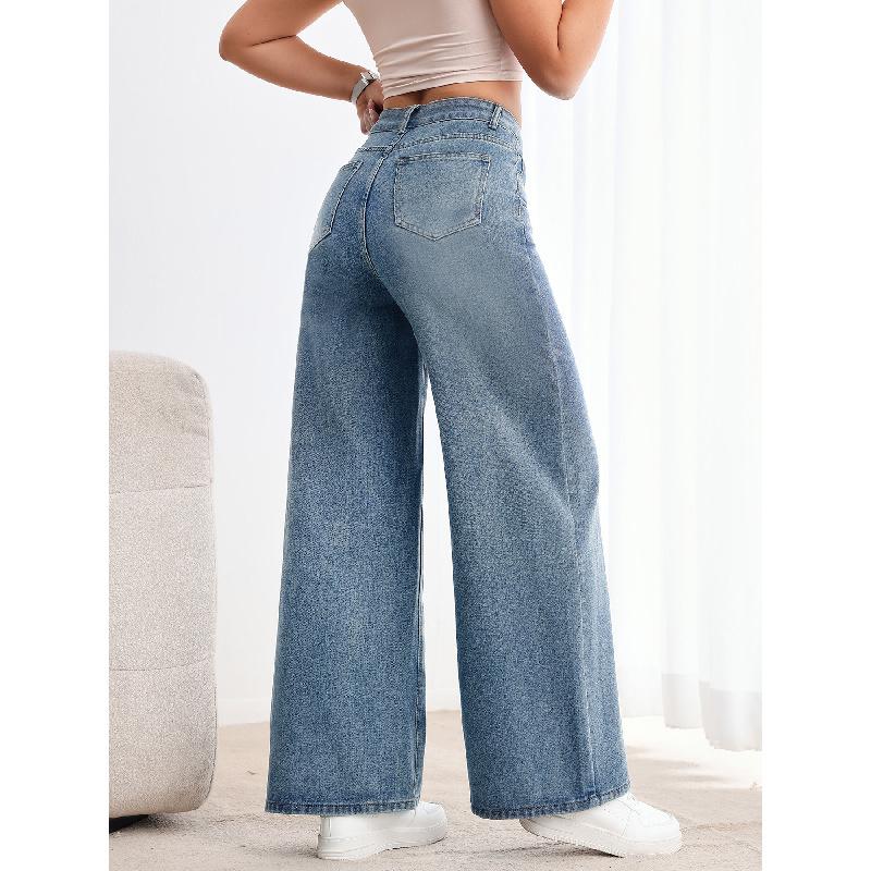 European And American Cross-Border Trade Commuter Versatile Retro Blue Washed High-Waisted Straight-Leg Jeans Floor-Length JEANS Classic