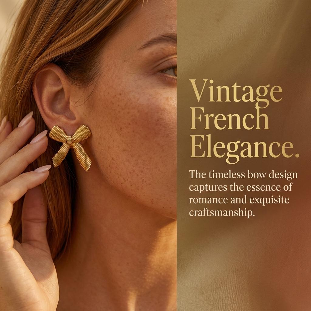 Vintage Textured Gold Color Bow Stud Earrings for Women Stainless Steel Ribbed Ribbon Statement Studs Everyday Office Jewelry