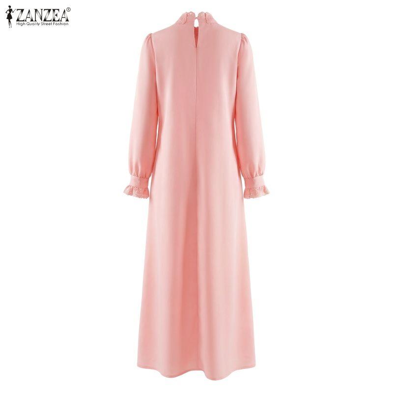 ZANZEA Damen Lässiges Stehkragen Langarm Locker Spitze Patchwork Langes Kleid