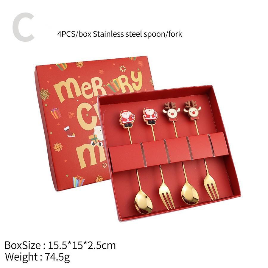 4Pcs Stainless Steel Christmas Coffee Spoon Forks Set with Exquisite Paper Box Stainless Steel Gold Xmas Dinner Tableware
