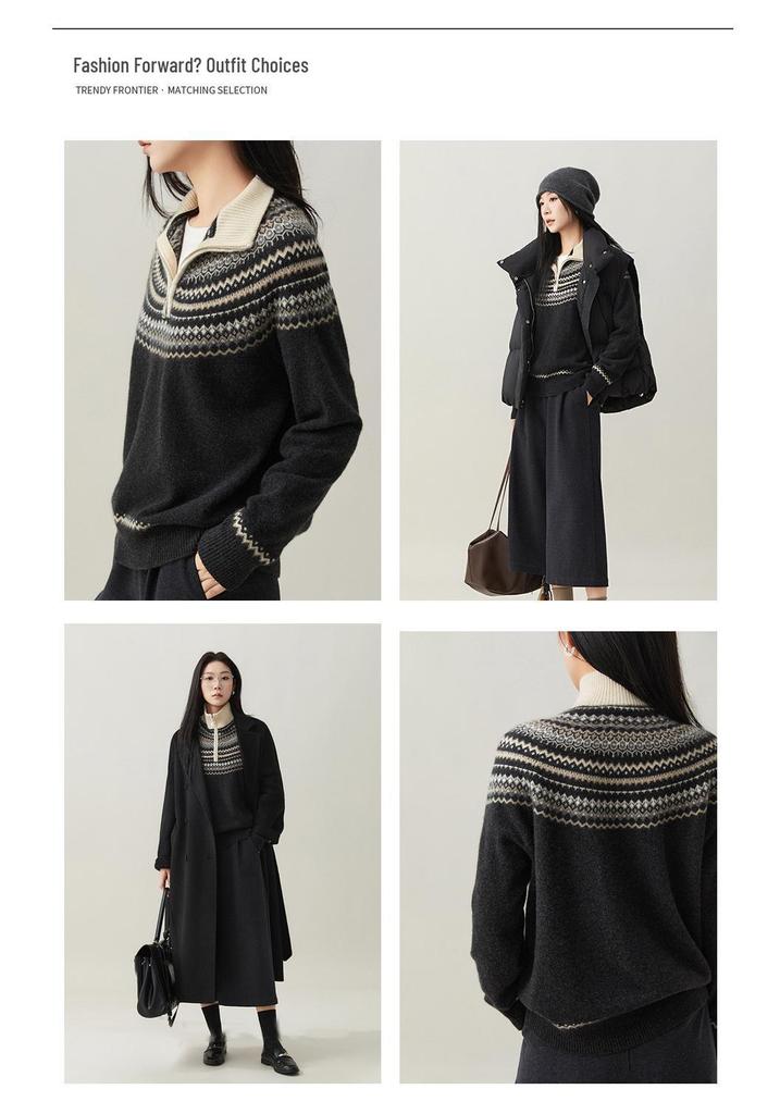 Women's Retro Jacquard Cashmere Sweater Coat with Fair Isle Collar, 2025 Autumn/Winter Zipper Design