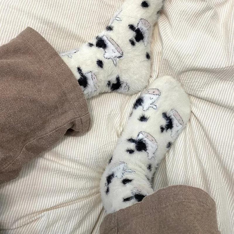 Cartoon Cute Cow Mink Velvet Socks Women Winter Soft Stocking Medium Tube Sock Cute Cloud Plush Cartoon Mink Plush Socks Indoor#