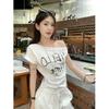 Letter Printed Slash Shoulder Short Sleeve T-Shirt Women's Summer Pleated Slim Design Sense Spice Girl White Skinny Versatile Top
