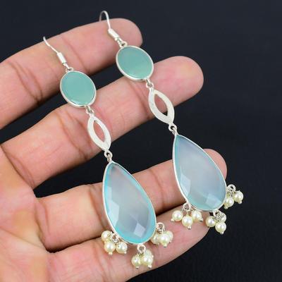 Vriendschapsdag Uitverkoop Aqua Chalcedoon Steen Sterling Zilver Hangende Oorbellen