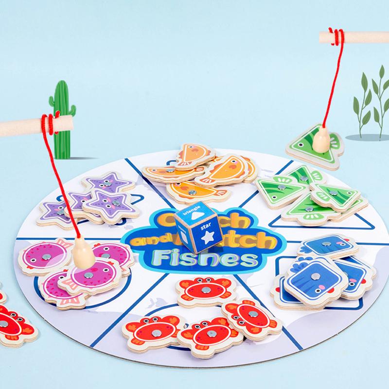 

2 in 1 Fishing Game Baby Wooden Montessori Toy Learning Color Shape Dice Sorting Matching Magnetic Fishing Sensory Education Toy