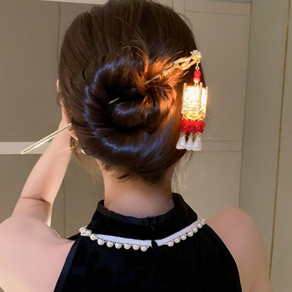LED Light Lantern Tassel Hair Stick Copper Coin Glowing Lantern Hairpin Antique   Cheongsam