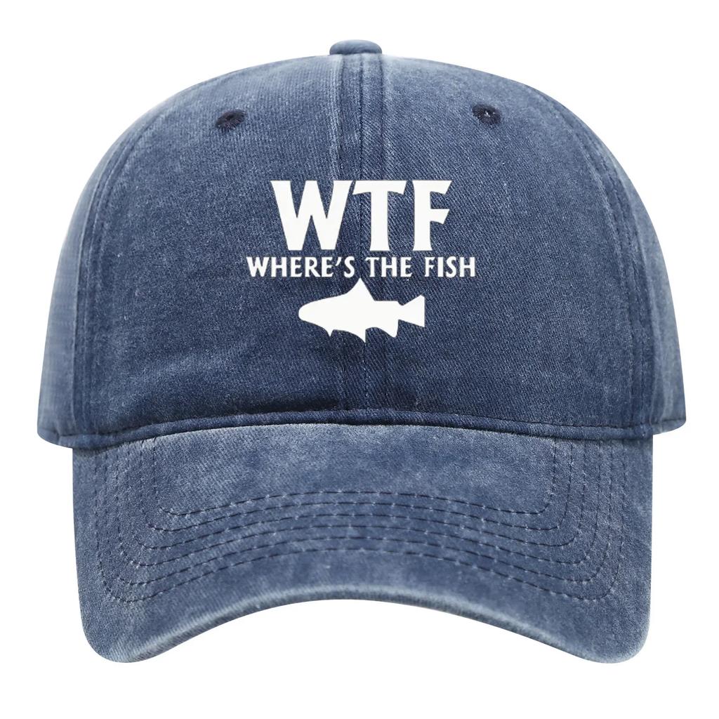 Men Women Casual Simple and Versatile Hats WTF Letter Fish Printed Washed Cotton Baseball Caps for Sun Protection Casual Wear