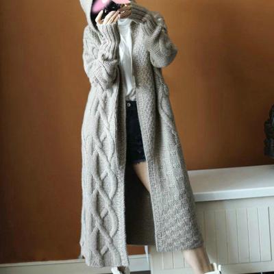 Women Winter Sweater Coat Knitted Thick Hooded Long Sleeve Mid-calf Length Loose Cardiagn Open Stitch Solid Color Soft Oversized Midi Autumn Jacket