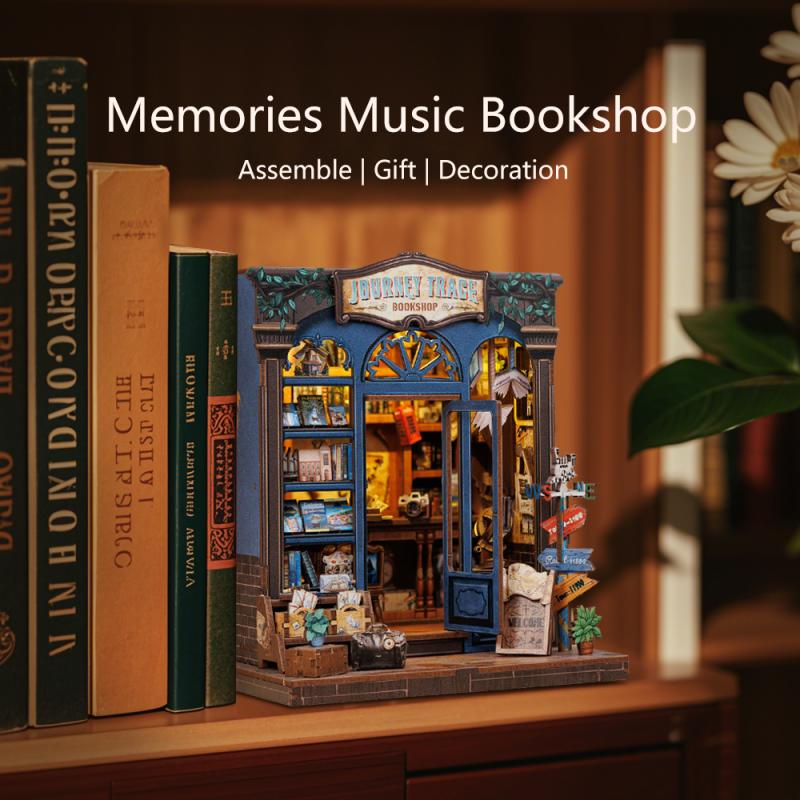 DIY Booknook Kit Miniature Dollhouse with Light Bookshelf Insert Home Decor Wooden 3D Puzzle for Journey Trace Bookshop