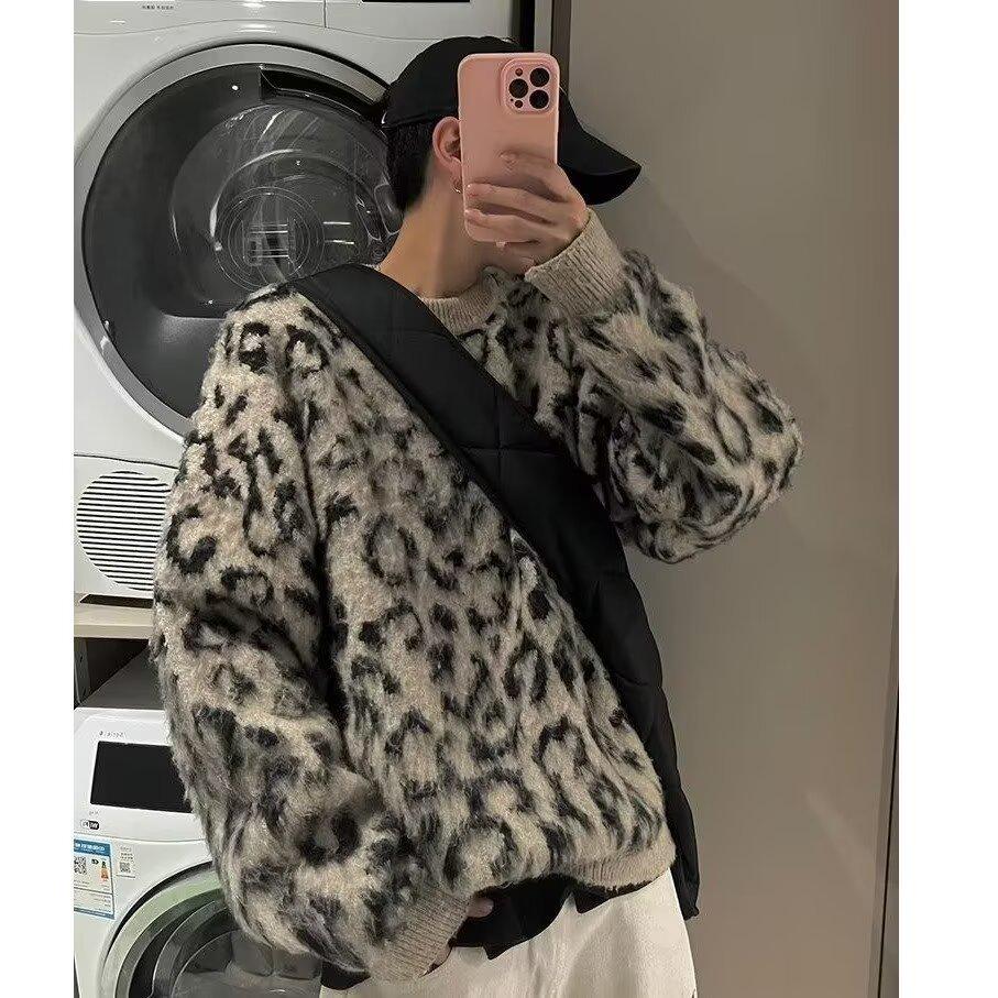 

Men s Retro Leopard Print Sweater - High-End Color Block Knitwear Double Extra Large леопард друку кольору