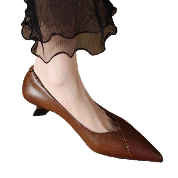 Pointed head shallow mouth high heels autumn new black work shoes soft leather one-pedal single shoes