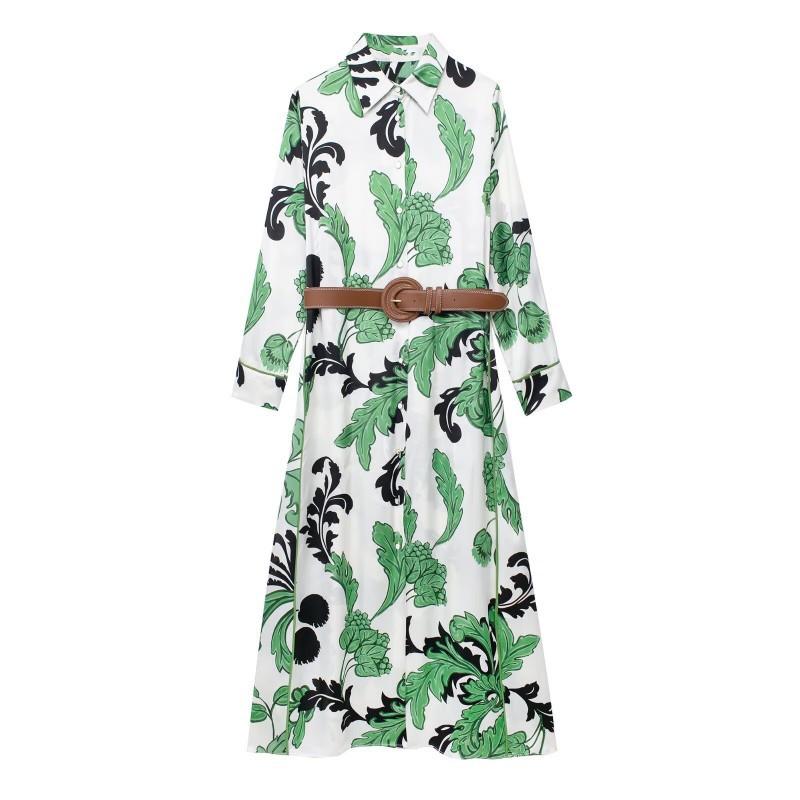 European American Women s Clothing Fashionable Belt Printed Shirt Style Long-sleeved Dress XS