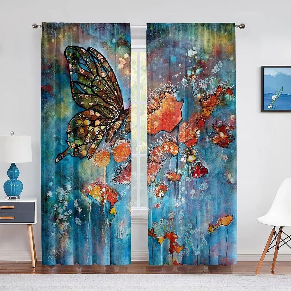 Spring Flower Colorful Floral Butterfly Translucent Curtain for Living Area Voile Window Blinds Bedchamber Tulle Drape Kitchen Area Window Drapes