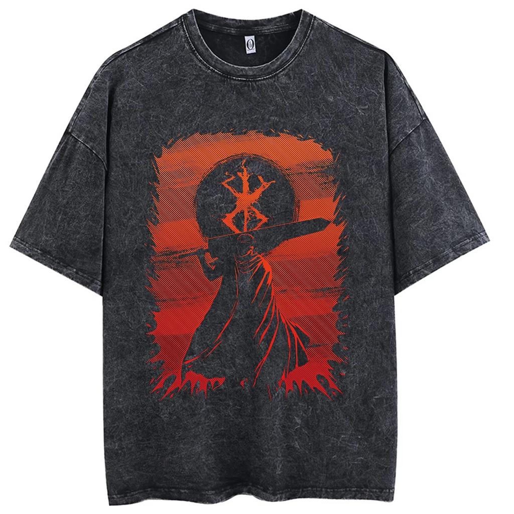 Vendita Calda Anime Berserk Guts Manga Stampa Grafica Maglietta Uomo Donna Retro Lavato Girocollo Cotone Retro Lavato Larga Casual Oversize Top Estivo Nuova T-shirt