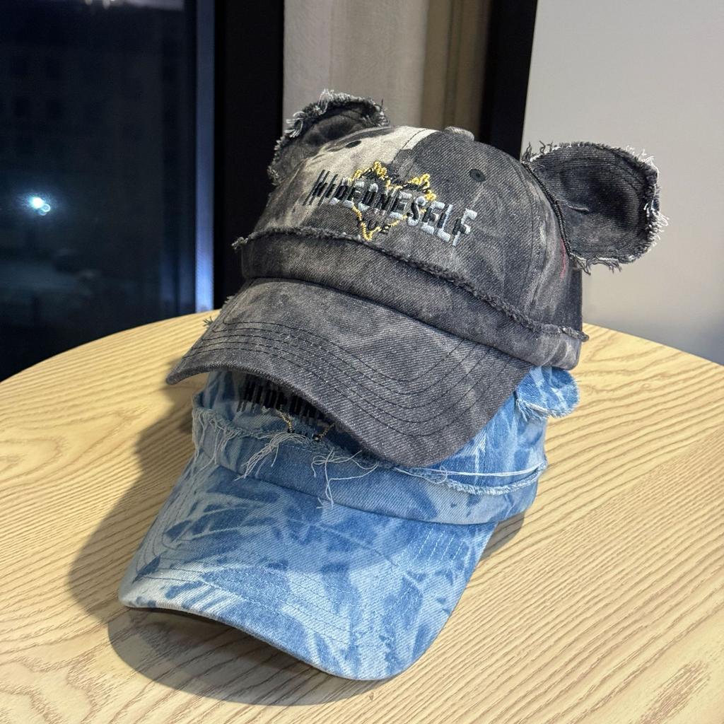 New Cute Bear Ear Baseball Cap for Men and Women with Letter Embroidery, Washed High-quality Denim Sunshade Cap