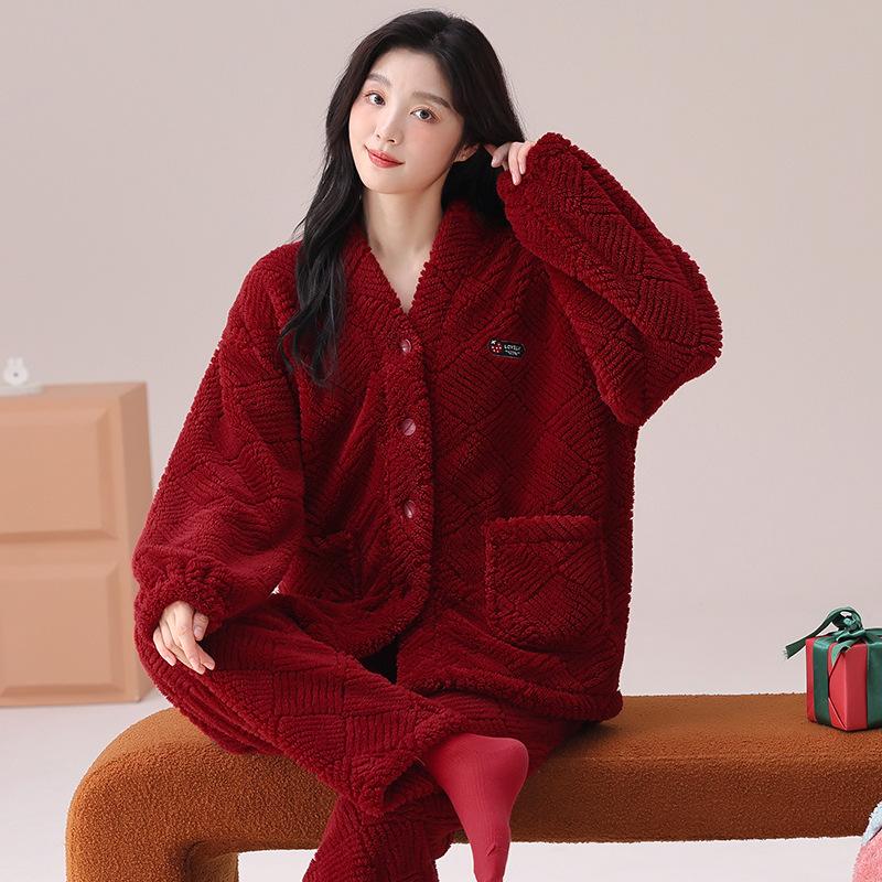 Red Pajamas Women'S Autumn And Winter Flannel Coral Fleece Pajamas Men'S Festive Wedding Couple New Set