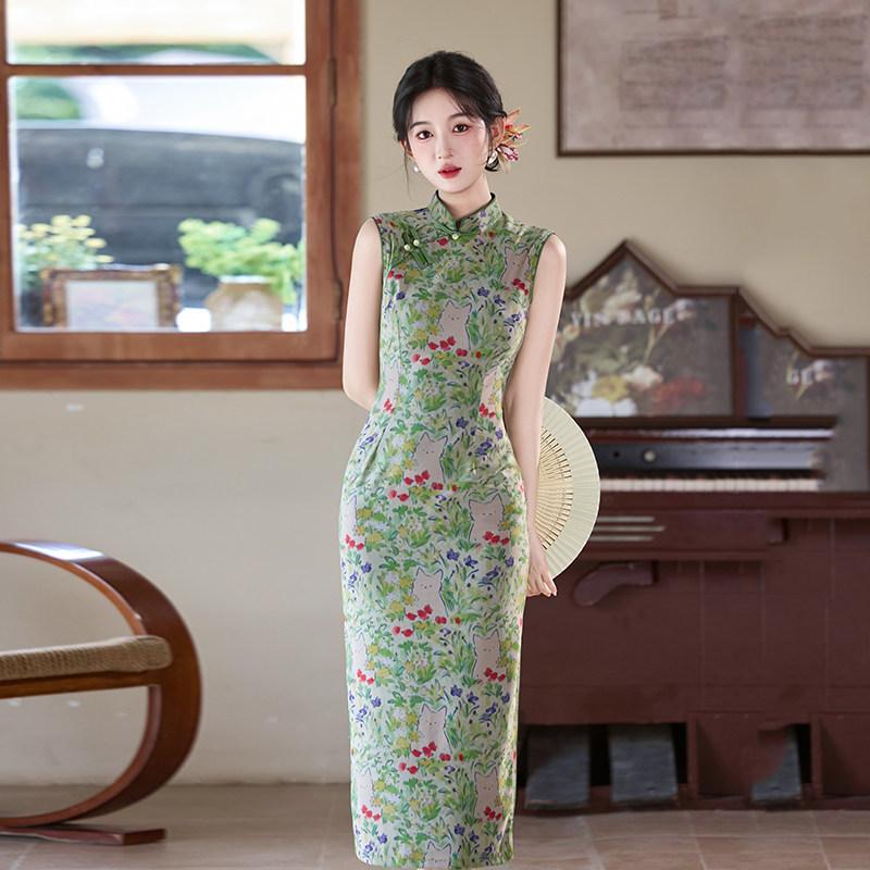 Green sleeveless national style new Chinese daily Suzhou long cheongsam improved young 1011 new women's high sense