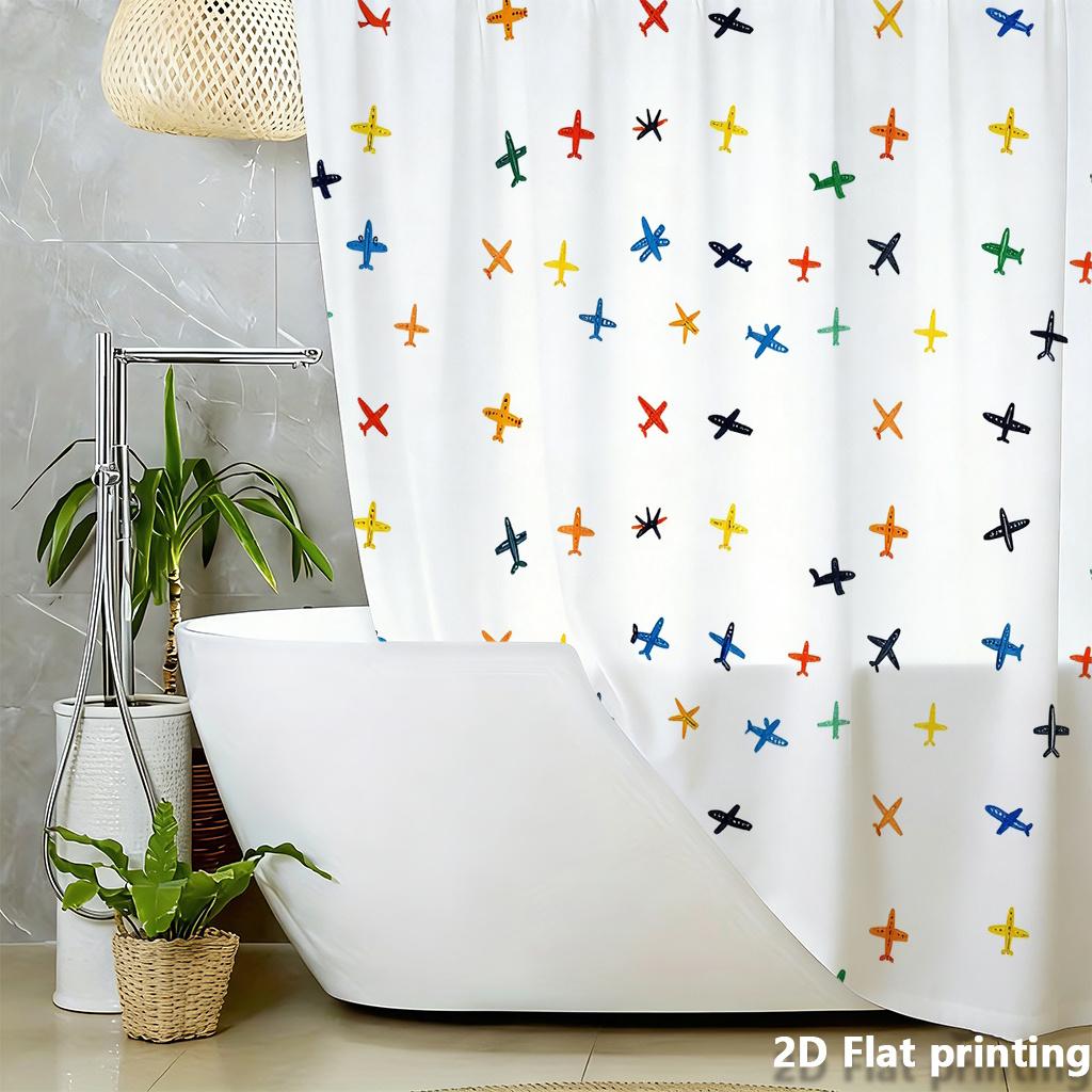 Colorful Retro Airplane Shower Curtain – Multicolor Planes & Stars, 2D Flat Print, Polyester, 70.8"X70.8"Inches