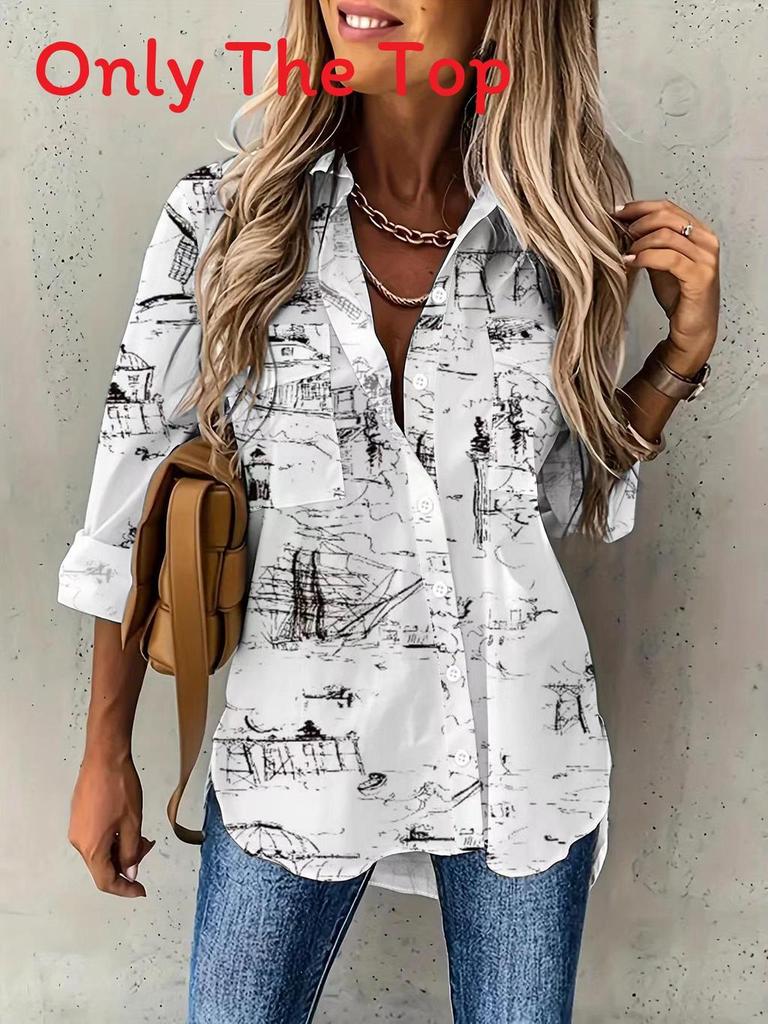 Landscape Pattern Long Sleeve Shirt With Pockets For Casual Wear