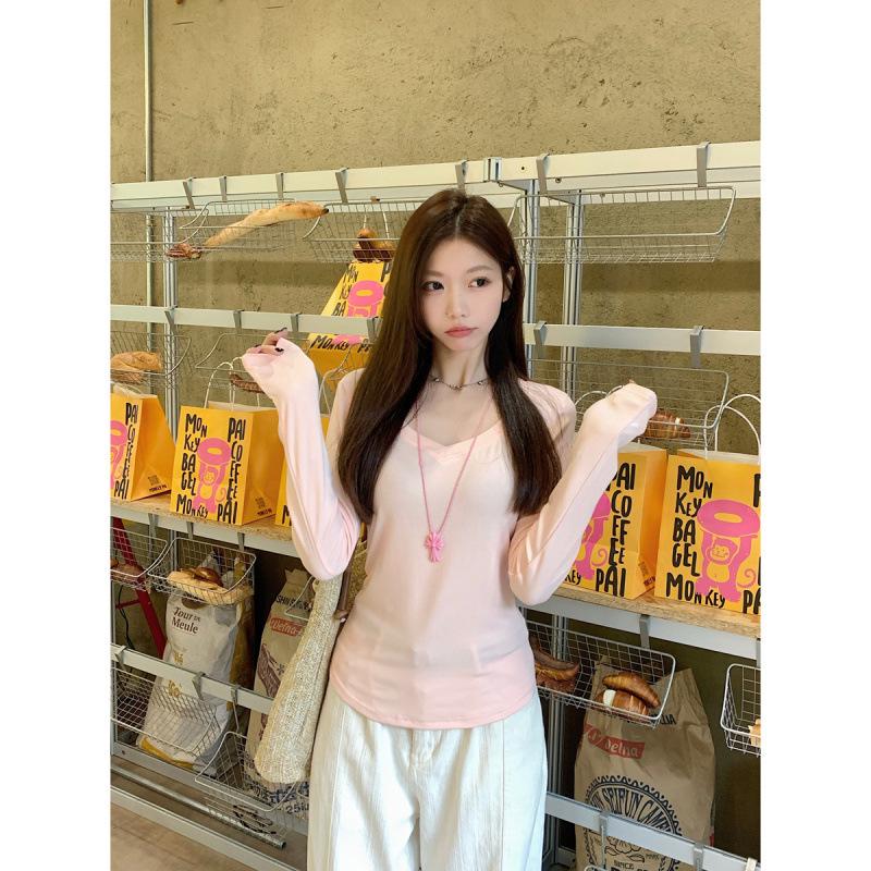 Autumn Korean Grey V-Neck Slim-Fit Cotton Long-Sleeve Women's T-Shirt