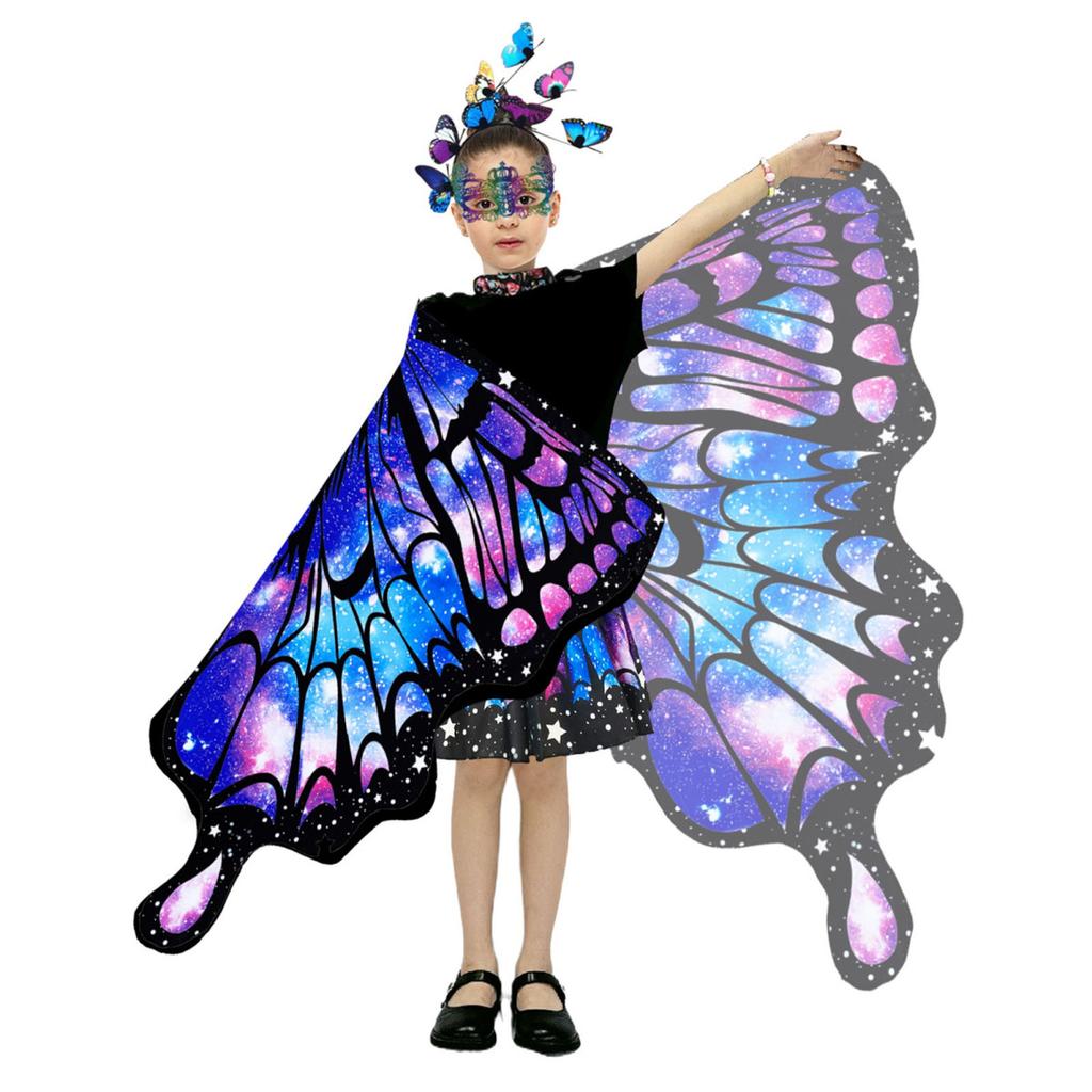 Schmetterlingsumhang für Kinder, Performance, Cosplay, buntes Feenflügel-Kostüm mit flatternden Ärmeln, mehrlagigem Saum, Karnevalsrock, Halloween-Stirnband, Maske